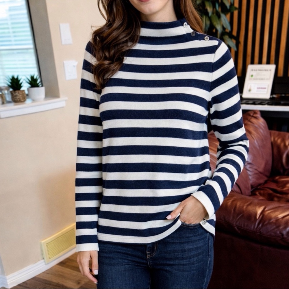 Talbots Navy and White Striped Long Sleeve Fleece High Neck Top Size M